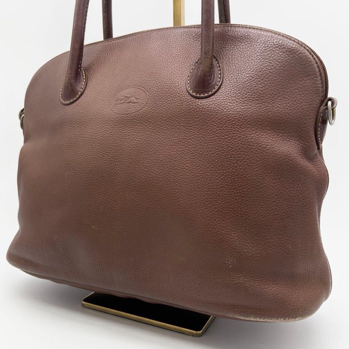 A480【良品】ロンシャン トートバッグ 肩掛け レザー シボ革 茶 フランス製 LONGCHAMP ドーム型 ブラウン ユニセックス ビジネスバッグ拍卖