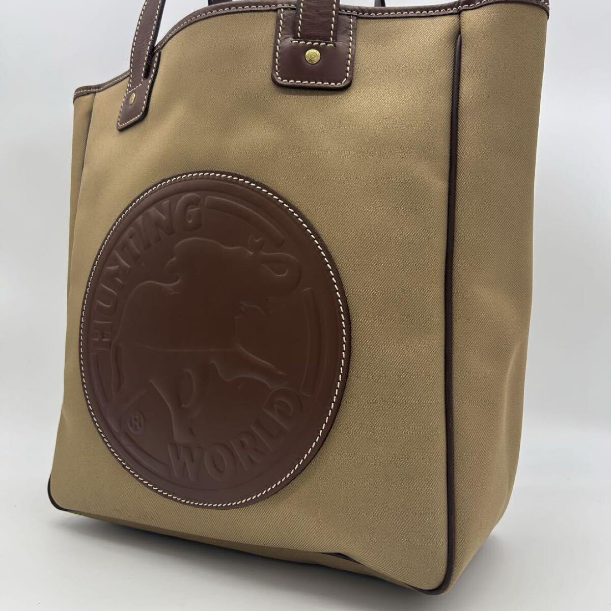 A516 ハンティングワールド 特大トートバッグ サファリトゥデイ ユニセックス HUNTING WORLD イタリア製 カーキ キャンバス レザー 象ロゴ拍卖