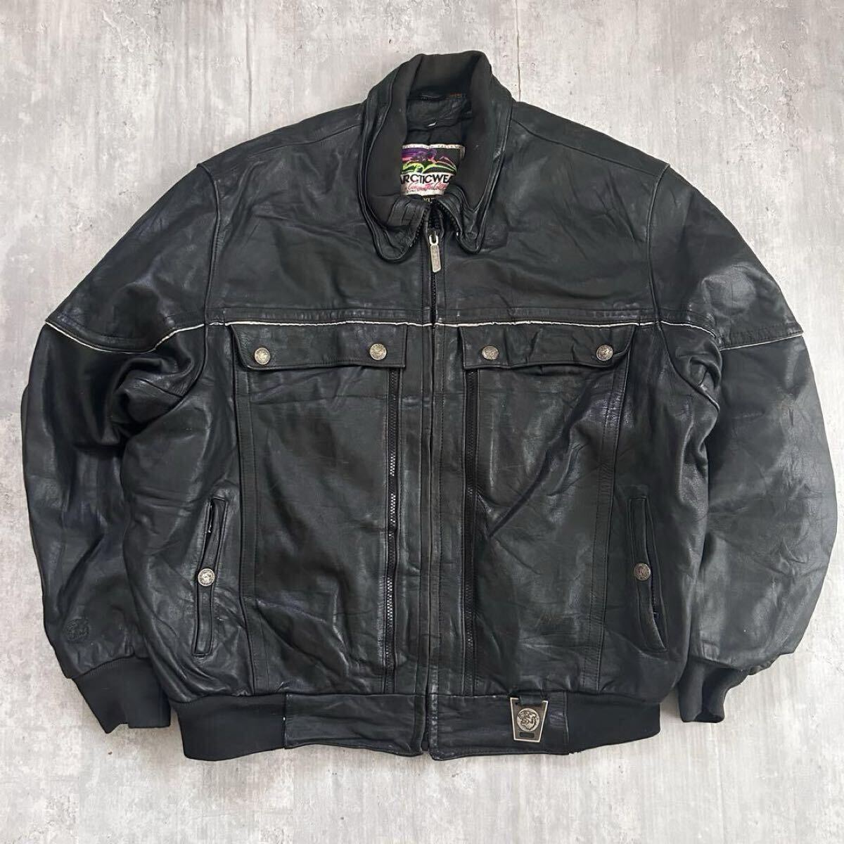 アーカイブ Arcticwear 本革 ボンバージャケット 黒 XL 短丈 古着 レザージャケット 革ジャン ゆるだぼ オーバーサイズ ブラック拍卖