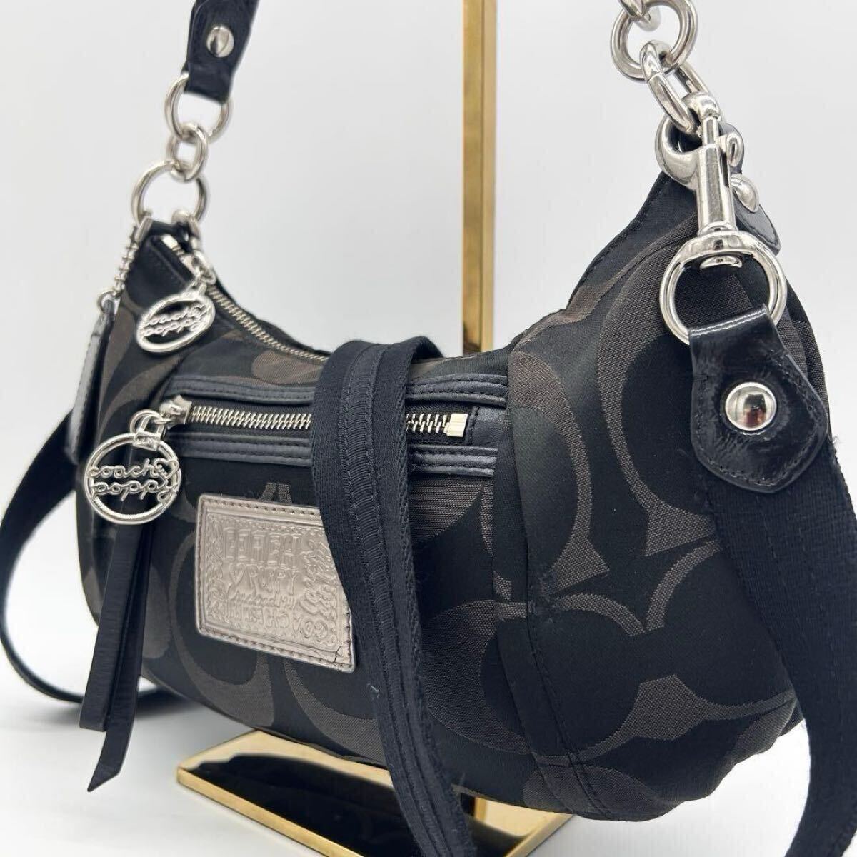 A474 廃盤 良品 コーチ COACH ポピー POPPY ホーボー HOBO ワンショルダーバッグ 黒色 ミニハンドバッグ ショルダーバッグ シグネチャー拍卖