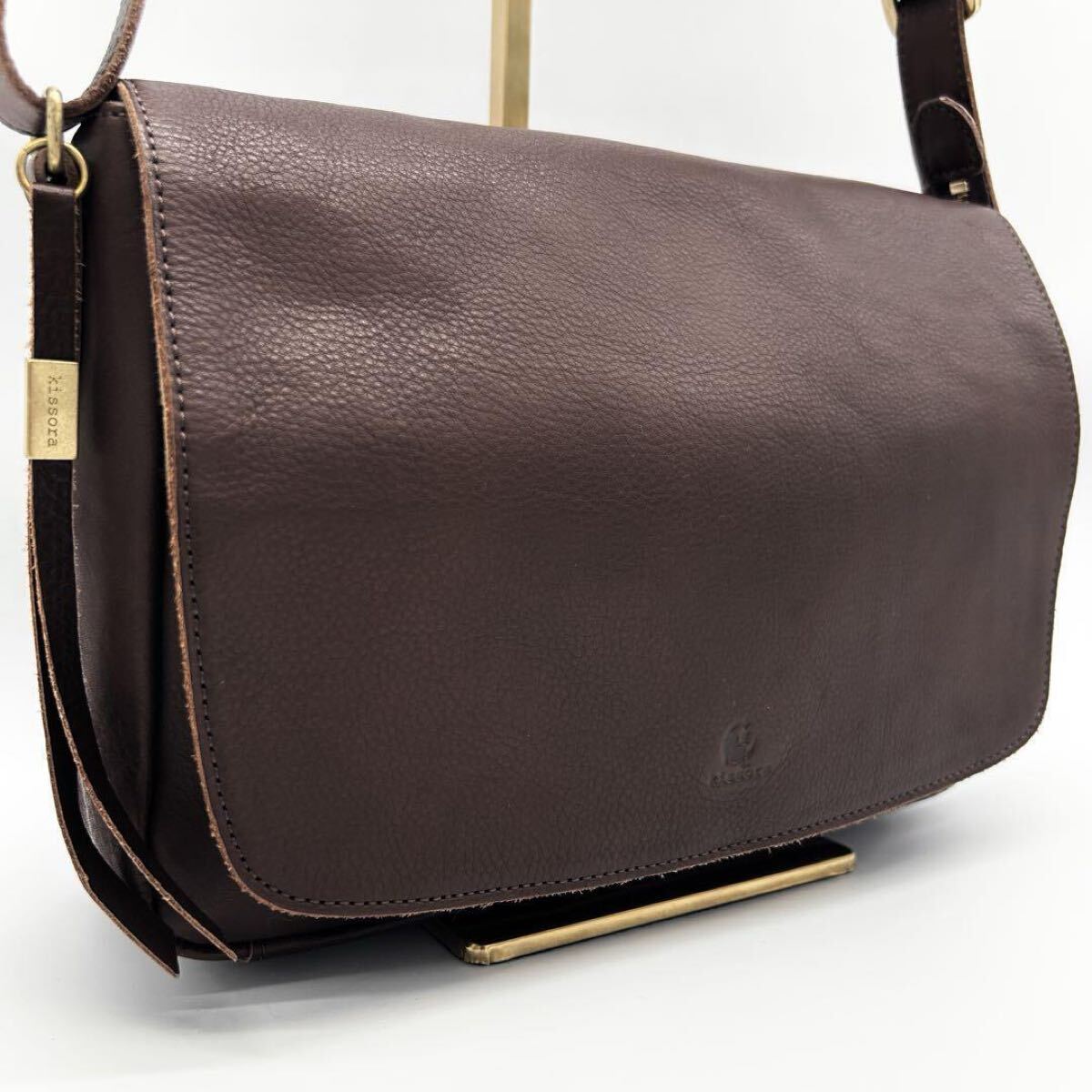 A435 【美品】kissora 日本製 メッセンジャーバッグ レザー 男女兼用 ショルダーバッグ ワンショルダーバッグ 茶 ダークブラウン 2way拍卖