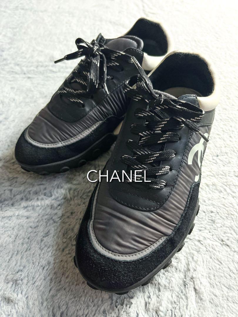 【CHANEL】ナイロン×スエード ココマークスニーカー 35 ブラック拍卖
