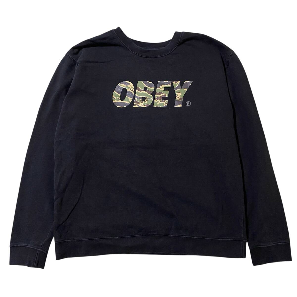 アメリカ古着 OBEY スウェット トレーナー カモフラ 迷彩 ロゴ 裏起毛 XLサイズ 【H364】拍卖