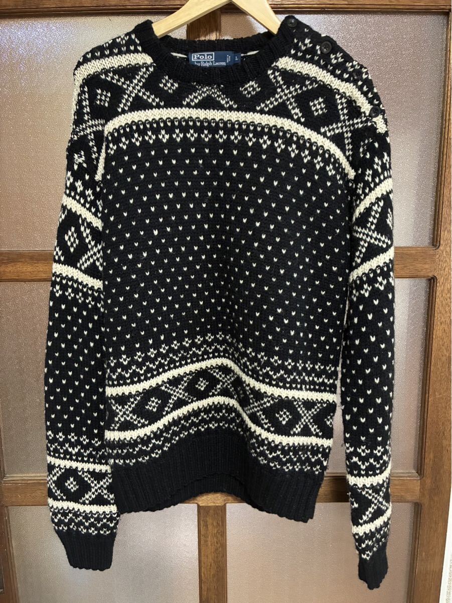 希少 90s ラルフローレン ハンドニット 【 L 】ウール100% セーター 秋冬 ノルディック ヴィンテージ拍卖