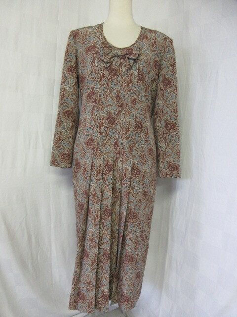 762 インゲボルグ 茶色に青色 ペイズリー柄 長袖ワンピース 1110‐12 Lサイズ拍卖