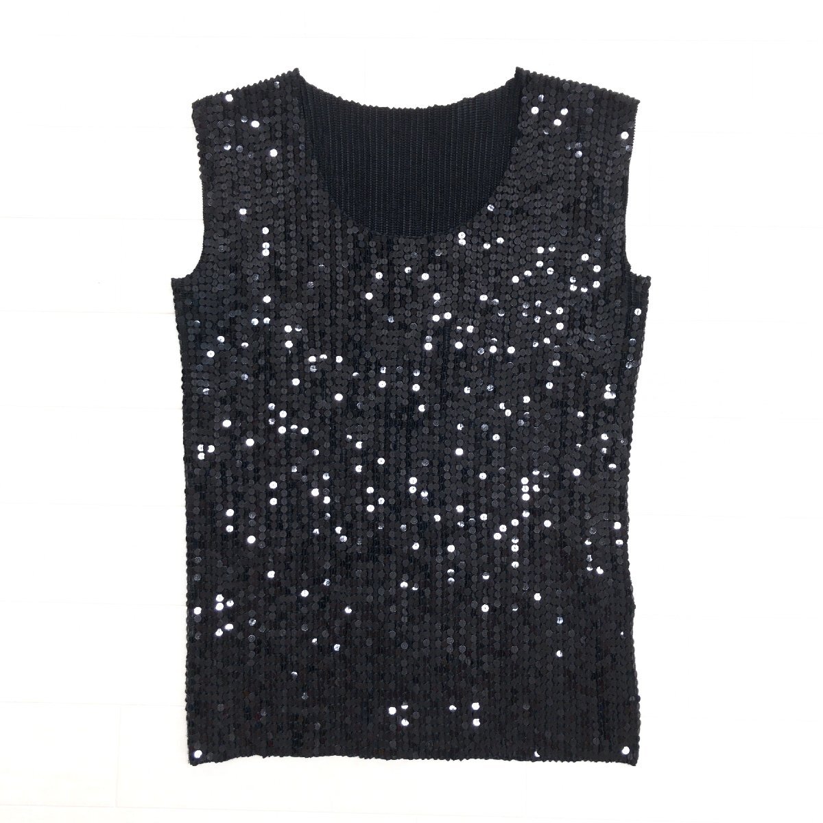 美品 SPECCHIO スペッチオ スパンコール装飾 ノースリーブ プリーツ カットソー 40 黒 ブラック シャツ ブラウス レディース 婦人拍卖
