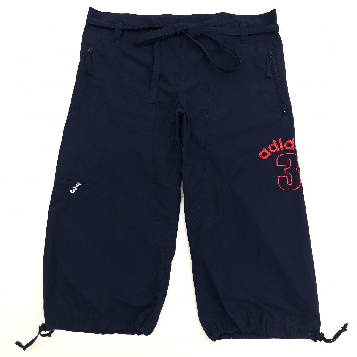 00’s adidas アディダス 腰紐ベルト付 クロップド ウーブン パンツ M ネイビー ジャージ スポーツMIX レディース y2k archive グランジ拍卖