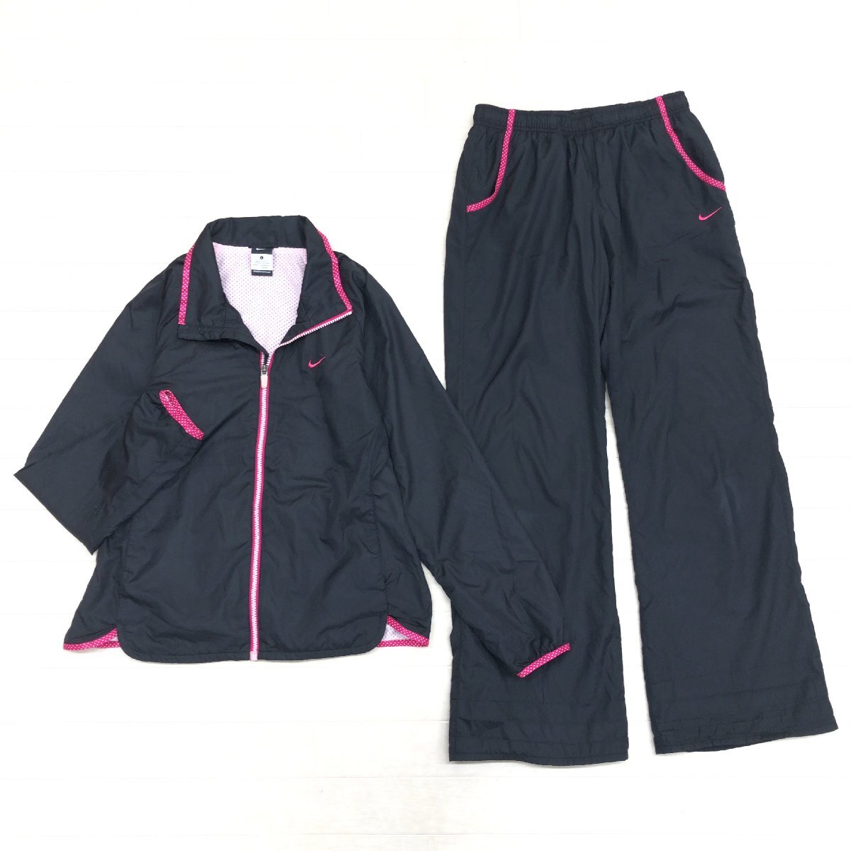 ●NIKE ナイキ 水玉 ドットパイピング ウーブン ジャージ 上下セットアップ L ブラック×ピンク ウインドブレーカー ジャケット パンツ拍卖