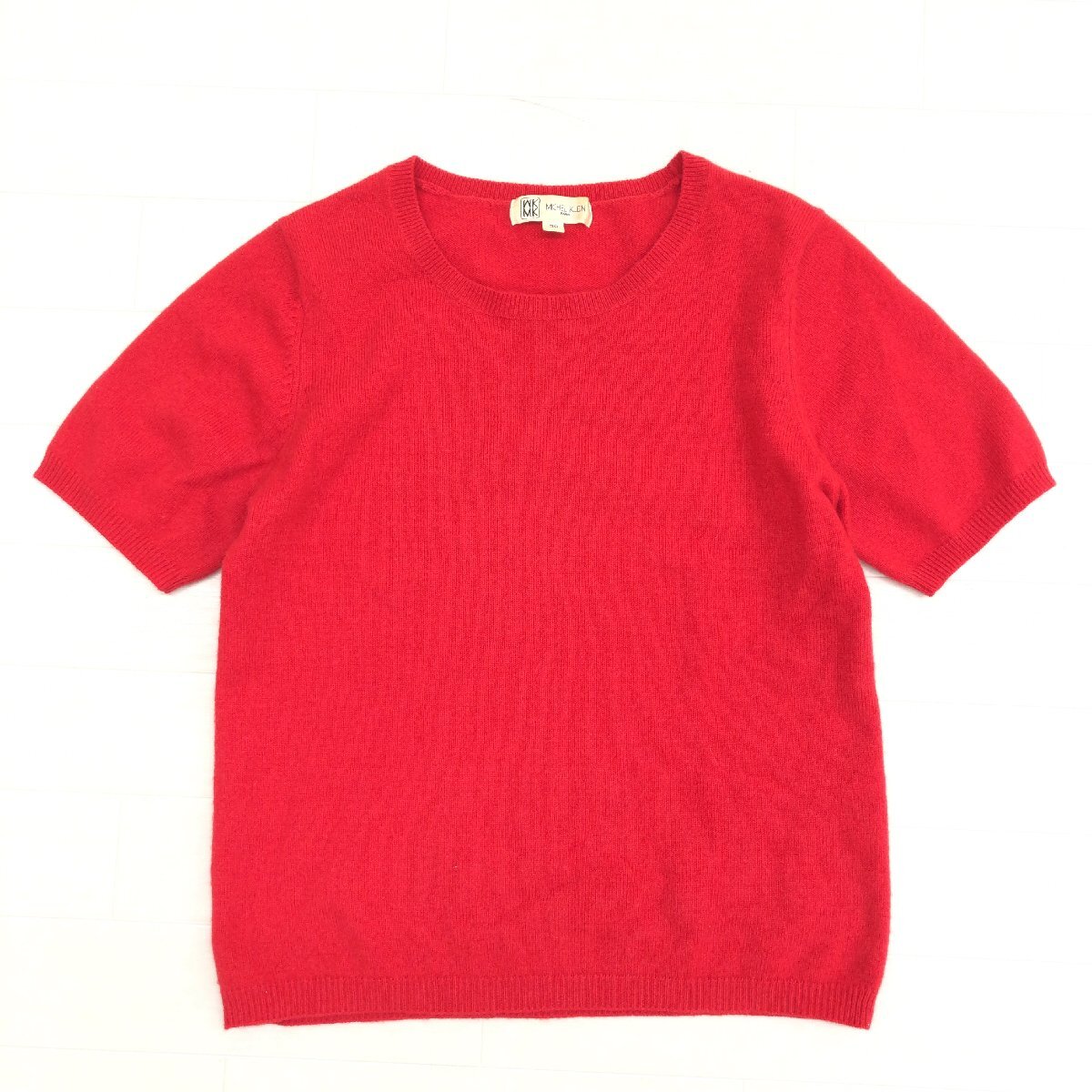 MICHEL KLEIN ミッシェルクラン 上質 カシミヤ100% オープンネック ニット セーター 38(M) 赤 レッド カットソー 半袖 レディース カシミア拍卖