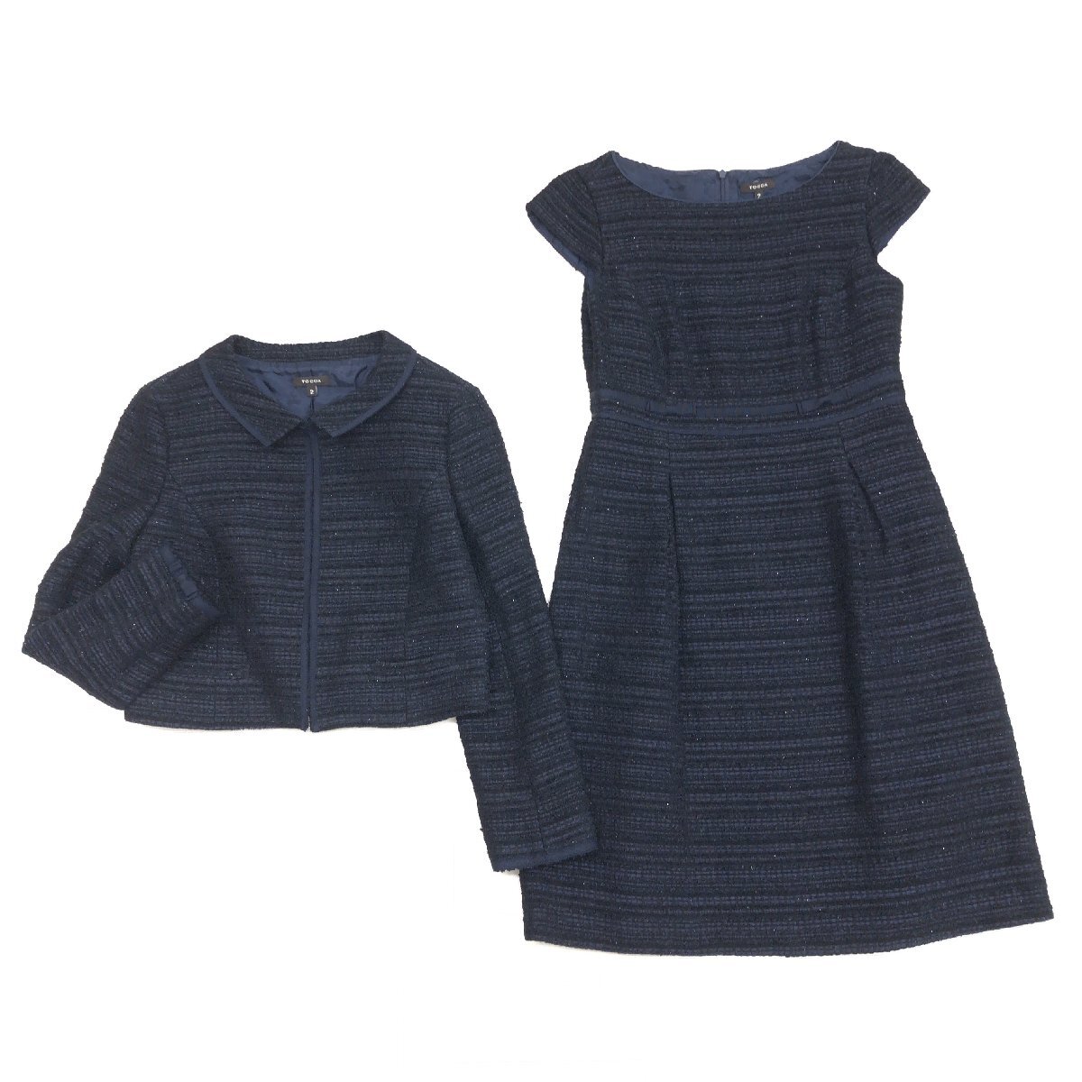 ●TOCCA トッカ ラメツイード ワンピース アンサンブル セレモニースーツ 2(M) 濃紺 ネイビー ジャケット お呼ばれ 卒業式 日本製 女性用拍卖