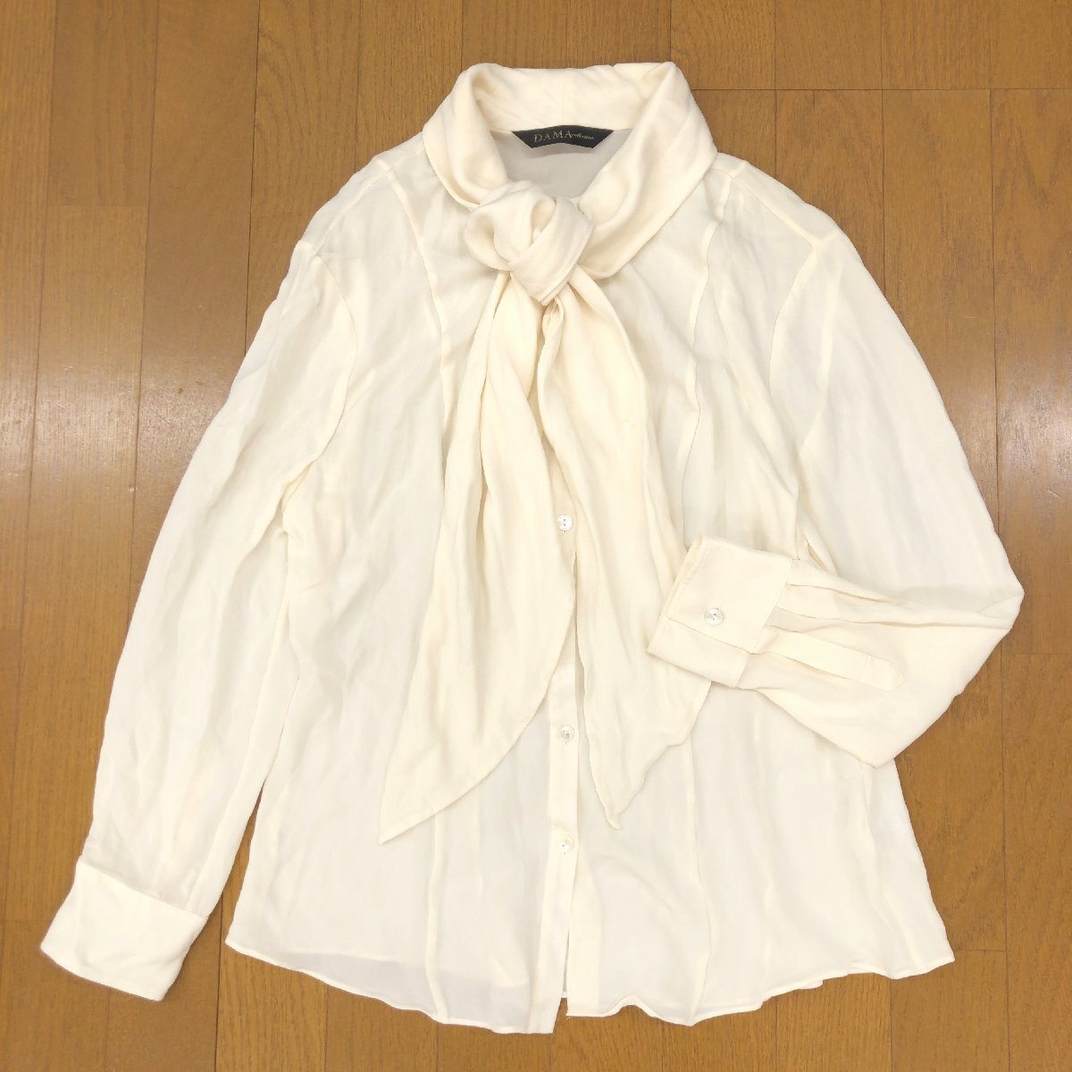 DAMA collection ダーマ シルク100% リボンタイ シアー ブラウス 9R(M相当) 白系 アイボリー シャツ 長袖 シースルー レディース 婦人拍卖