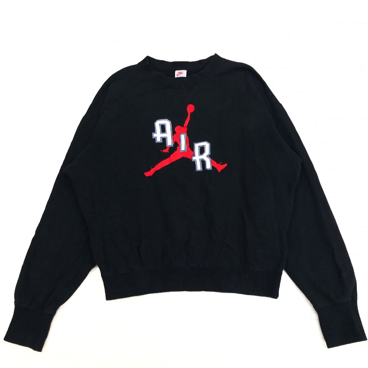 ●90's NIKE JORDAN ナイキ ジョーダン デカロゴ刺繍 裏起毛 スウェット トレーナー XL 黒 銀タグ 古着 ヴィンテージ 2L LL 特大 大きい拍卖