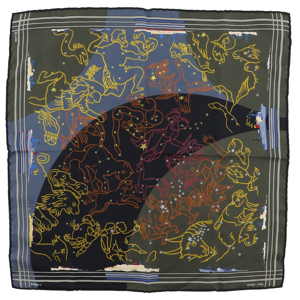 HERMES エルメス カレ45 プチカレ 星座 船 オリオン 希少デザイン スカーフ シルク レディース【I180125221】中古拍卖
