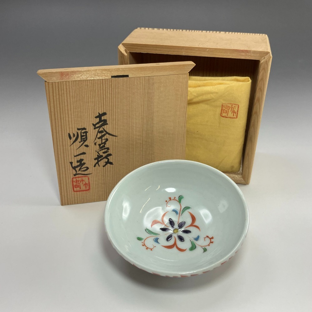 古余呂技窯 川瀬順一 作 赤絵草花紋酒呑 ( 二代 川瀬竹春 ) 陶磁器 【I200925092】拍卖