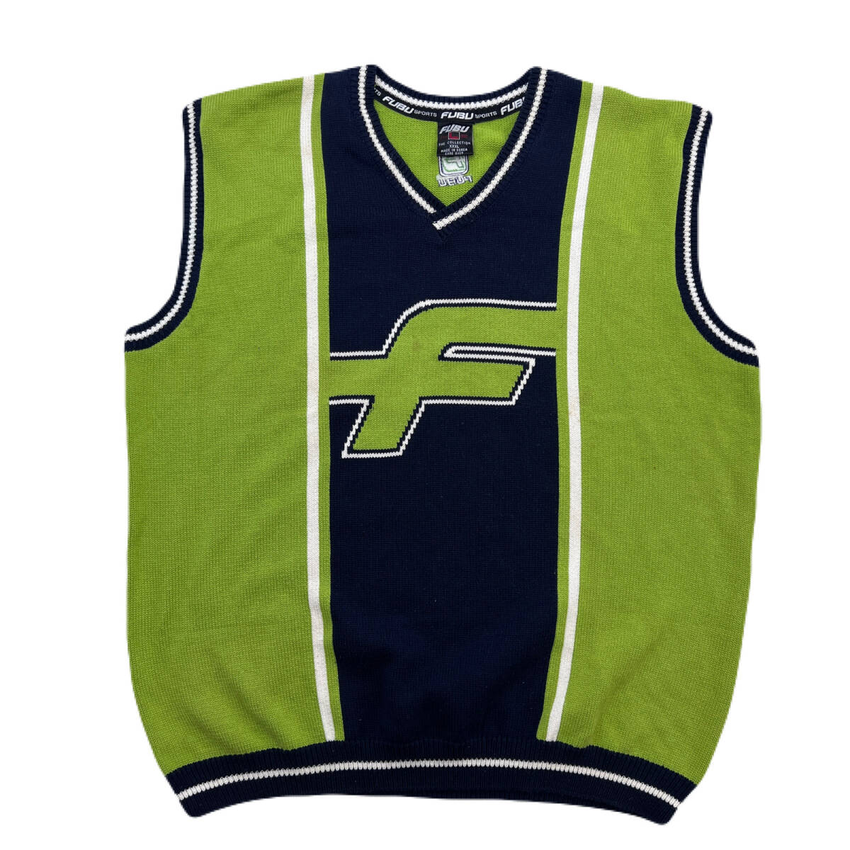 FUBU フブ コットン ニットベスト ビッグサイズ XXXL メンズ グリーン ネイビー ストリート 胸ロゴ ●FC299拍卖