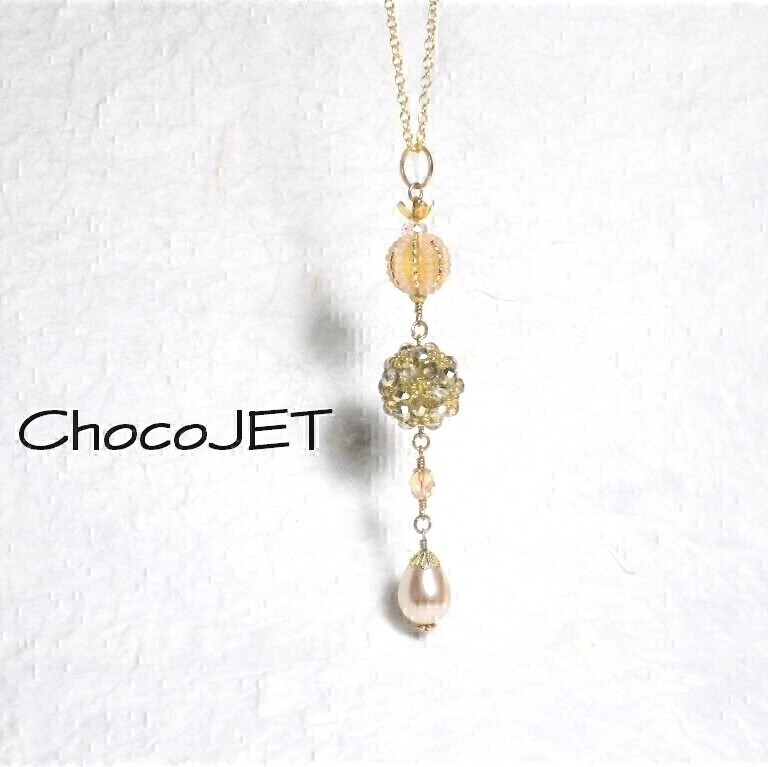 パールドロップのチェコビーズボールネックレス クリスタルゴールドビーズ 丸玉くす玉雫金色 拍卖
