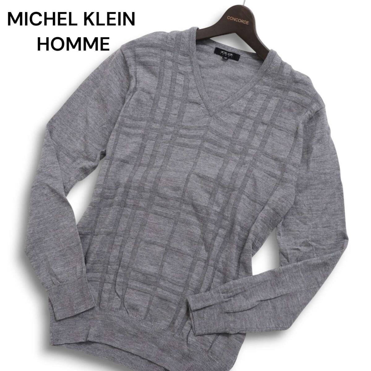 MICHEL KLEIN HOMME ミッシェルクラン オム 秋冬 ウール100%★ チェック Vネック ニット セーター Sz.46 メンズ グレー拍卖