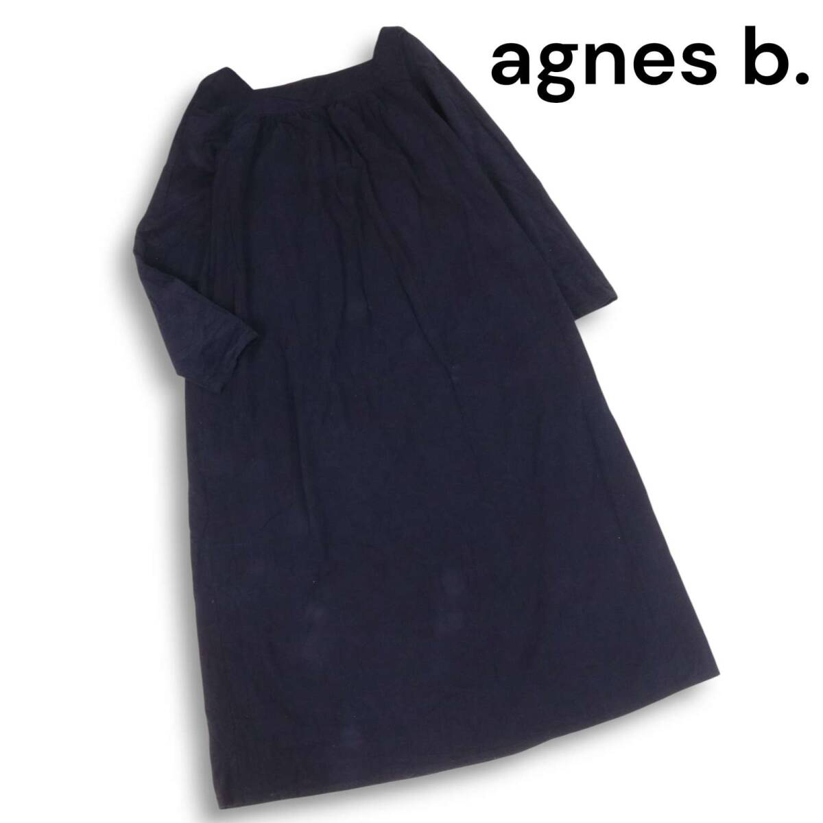 agnes b. アニエスベー 秋冬 コーデュロイ★ 7分袖 スクエアネック ロング ワンピース Sz.2 レディース 紺 ネイビー拍卖