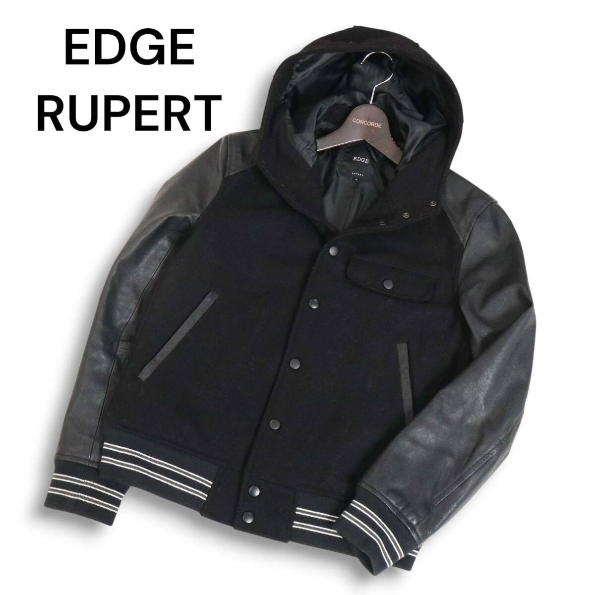 EDGE RUPERT ルパート 秋冬 袖革★ 山羊革 ゴート レザー × ウール フーディー スタジャン ジャケット Sz.M メンズ 黒拍卖