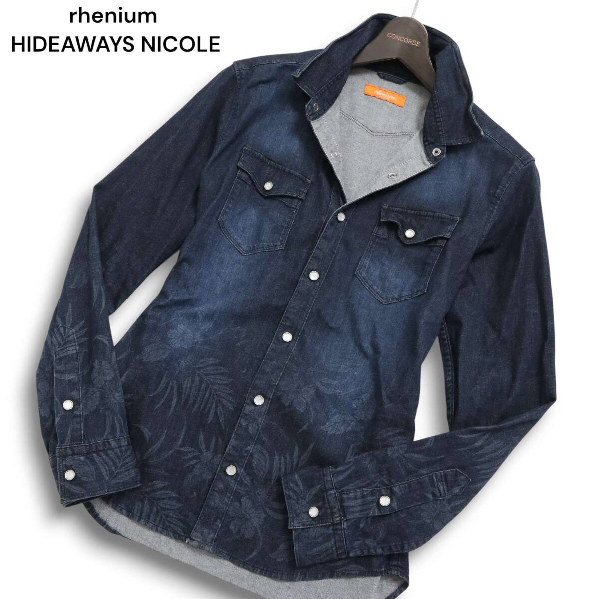 rhenium HIDEAWAYS NICOLE ハイダウェイ ニコル USED加工 襟ワイヤー リーフ柄 長袖 デニム ウエスタン シャツ Sz.46 メンズ拍卖