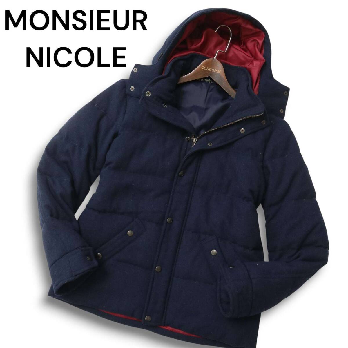 MONSIEUR NICOLE ムッシュ ニコル 秋冬 フード着脱可★ 中綿 ツイード ジャケット ブルゾン Sz.48 メンズ 紺 ネイビー拍卖