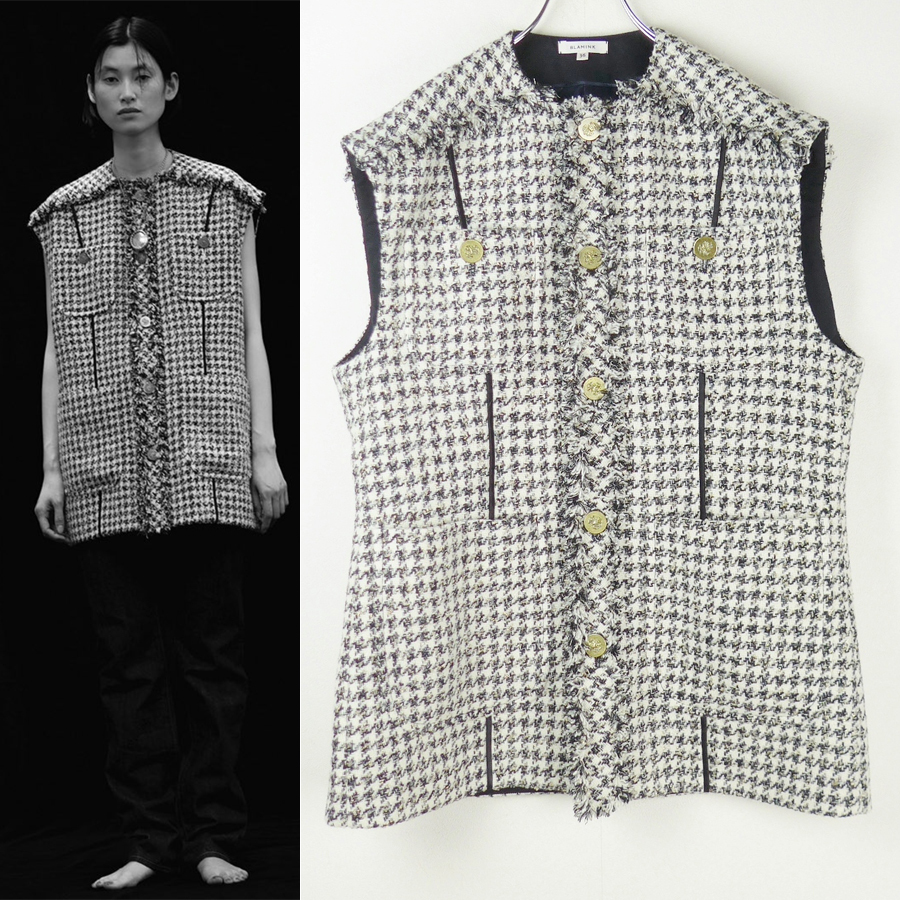BLAMINK ブラミンク 22AW ラメツイード フリンジジレ36 ハウンドトゥース・チェック Drawer オーバーサイズ ベスト 定価17.6万円拍卖