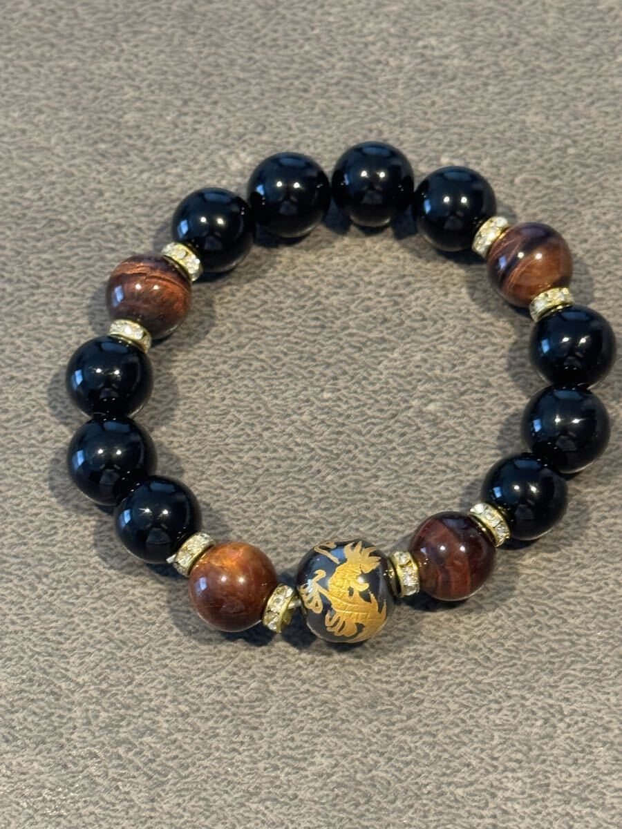 オニキス 金彫 龍 レッドタイガーアイ パワーストーン ブレスレット 虎目石 数珠 お守り 拍卖