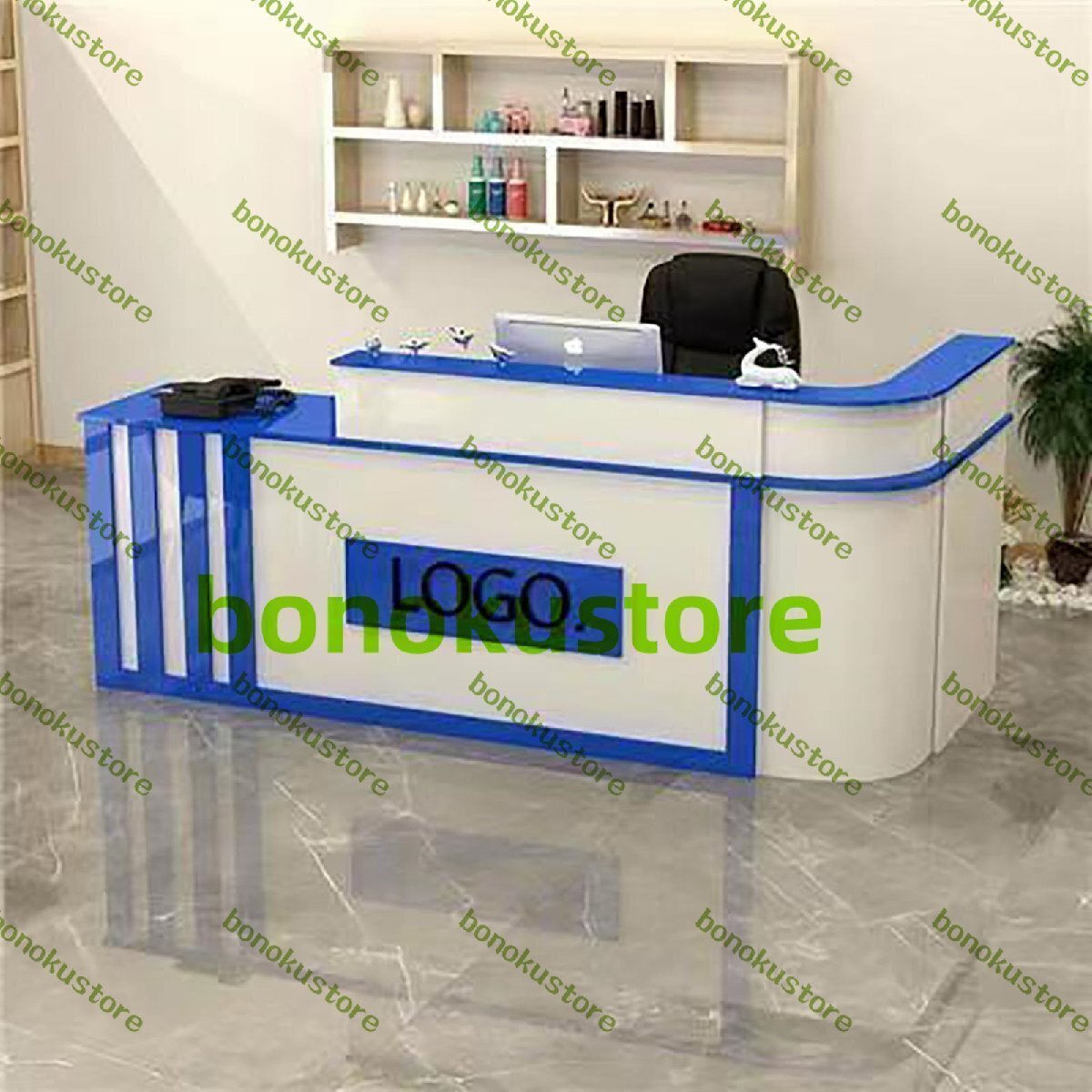 受付カウンター 木製のレセプショ レジ係カウンター レジカウンター 受付カウンターテーブル 160*60*100cm ホワイト+ダークブルー-左拍卖