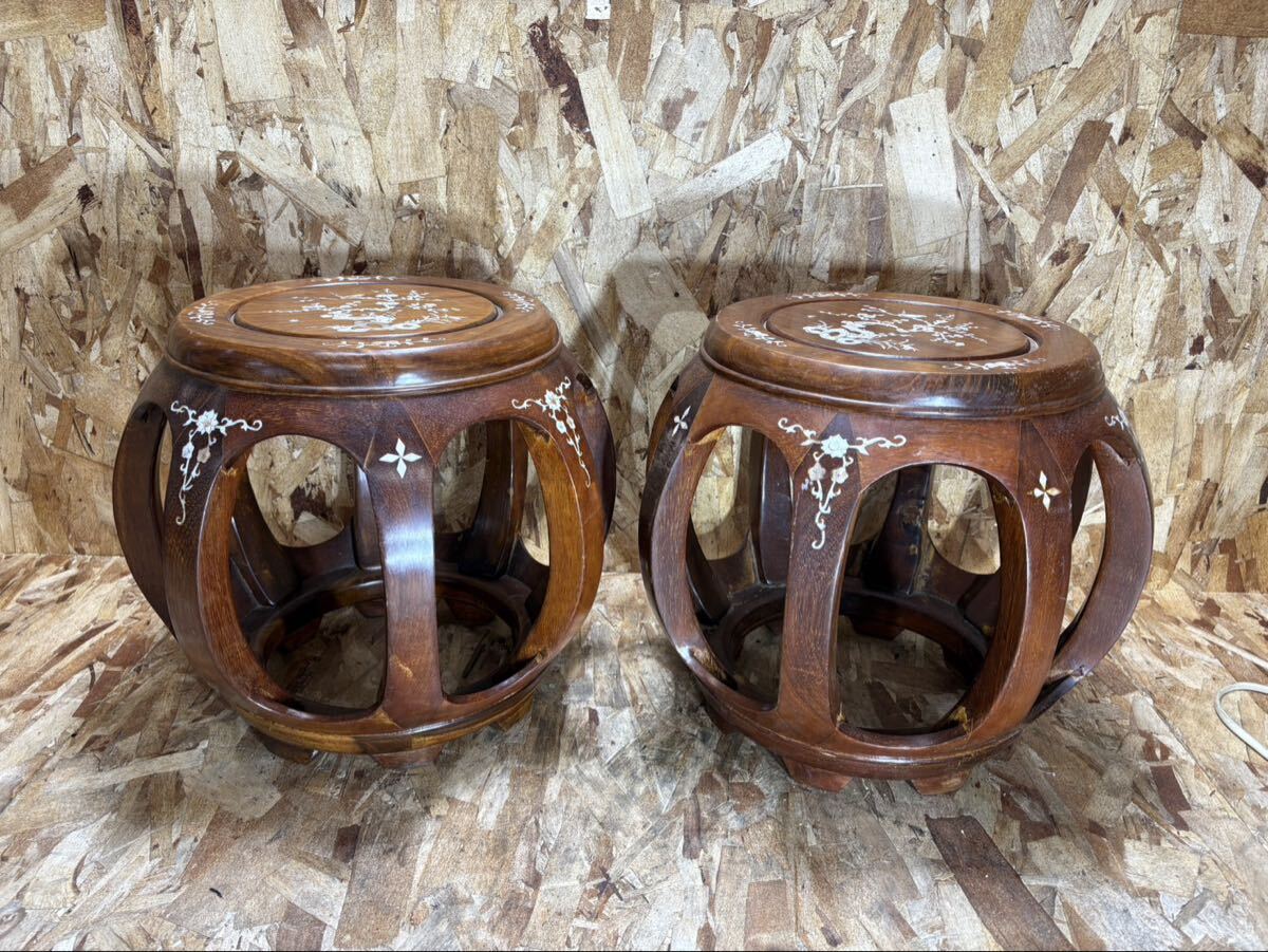 【1227】唐木 螺鈿象嵌花台 花梨 スツール 置台 飾り棚 香炉台 華道具 唐物 中国美術 木製拍卖