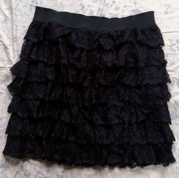 INED スカート 黒 サイズ9 段々 レース ひらひら ウエストゴム フランドル イネド ティアードスカート used拍卖