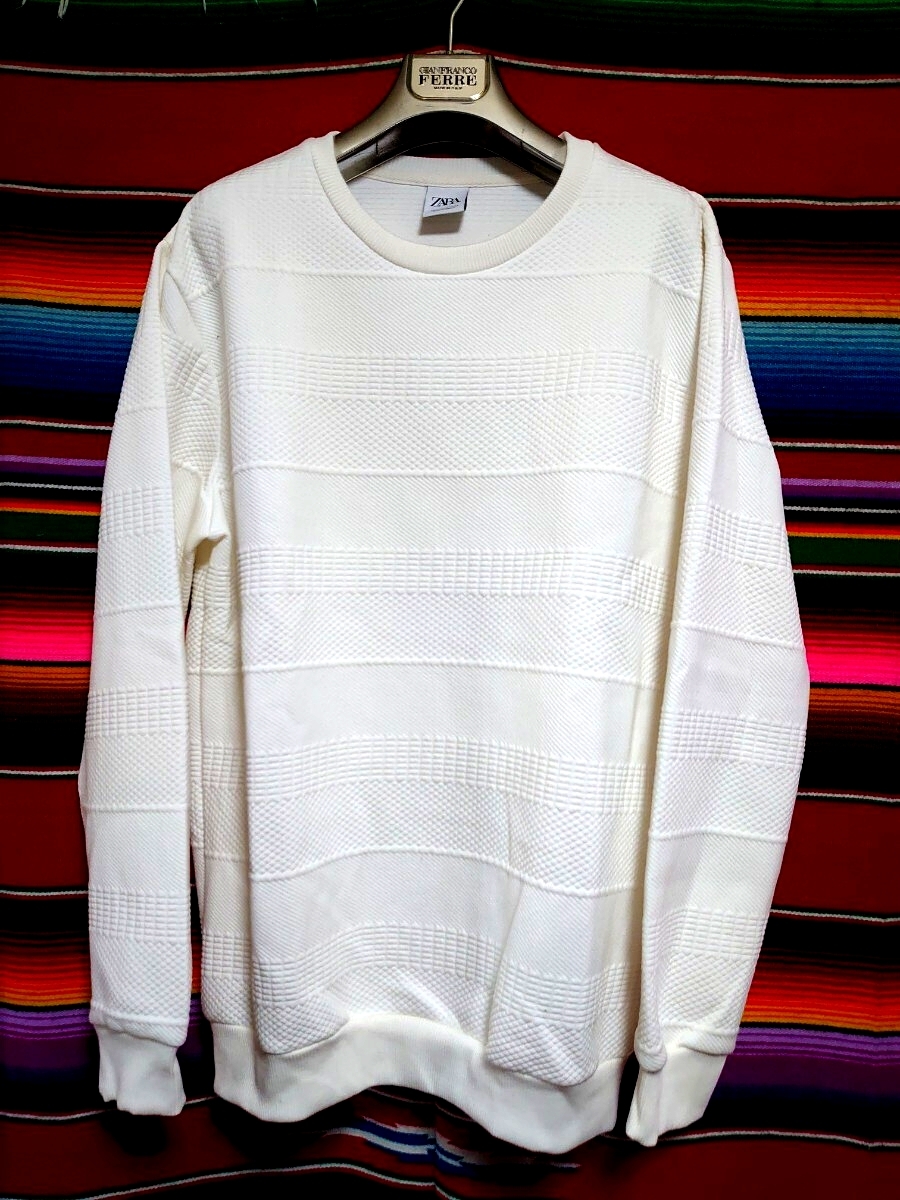 ZARA ザラ ボーダー ジャガード織り クルーネック トレーナー 新品購入 未使用 紙タグなし USA XLサイズ ホワイト拍卖