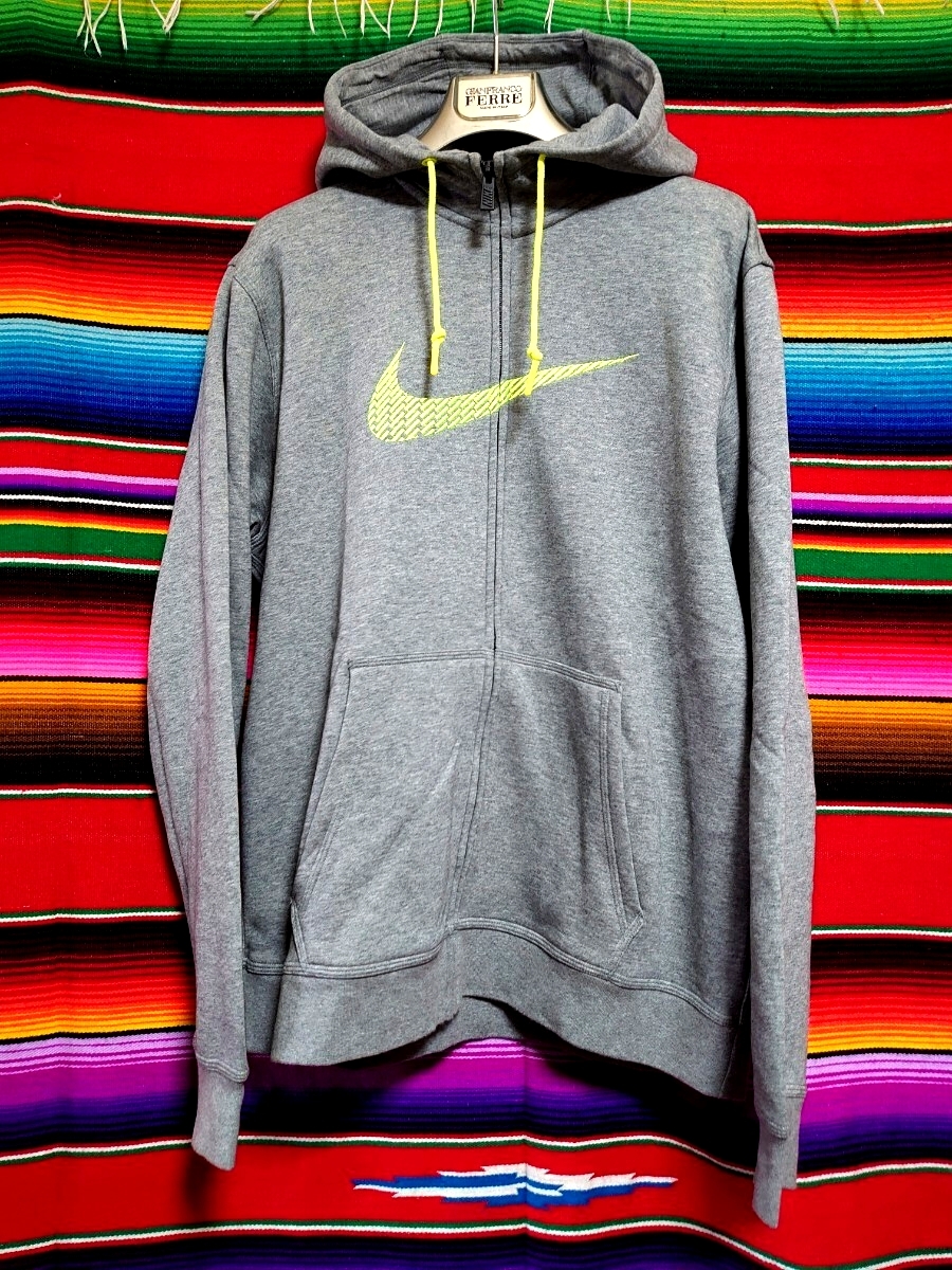 NIKE ナイキ スウッシュ刺繍 フルジップ スタンドネック スウェット パーカー 新品購入 未使用 XLサイズ グレー ネオンイエロー 紺タグ拍卖
