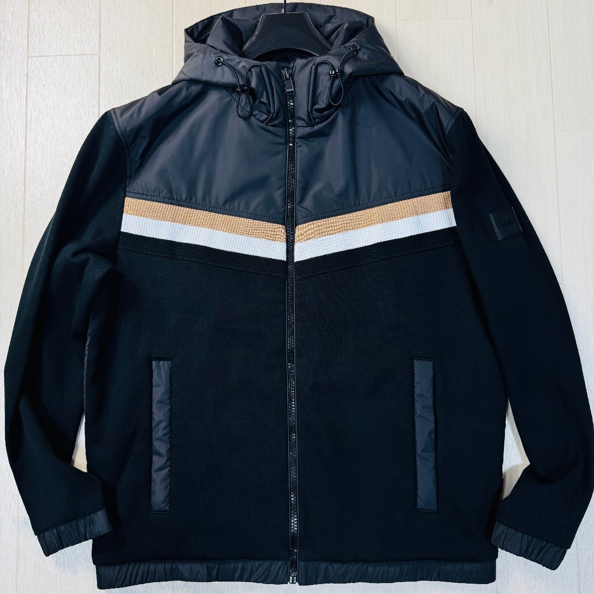 未使用に近い/XL-XXL相当★ヒューゴボス HUGO BOSS ニットボーダー ハイブリッド パーカー フーデットジャケット 中綿 シボ革ラベル メンズ拍卖