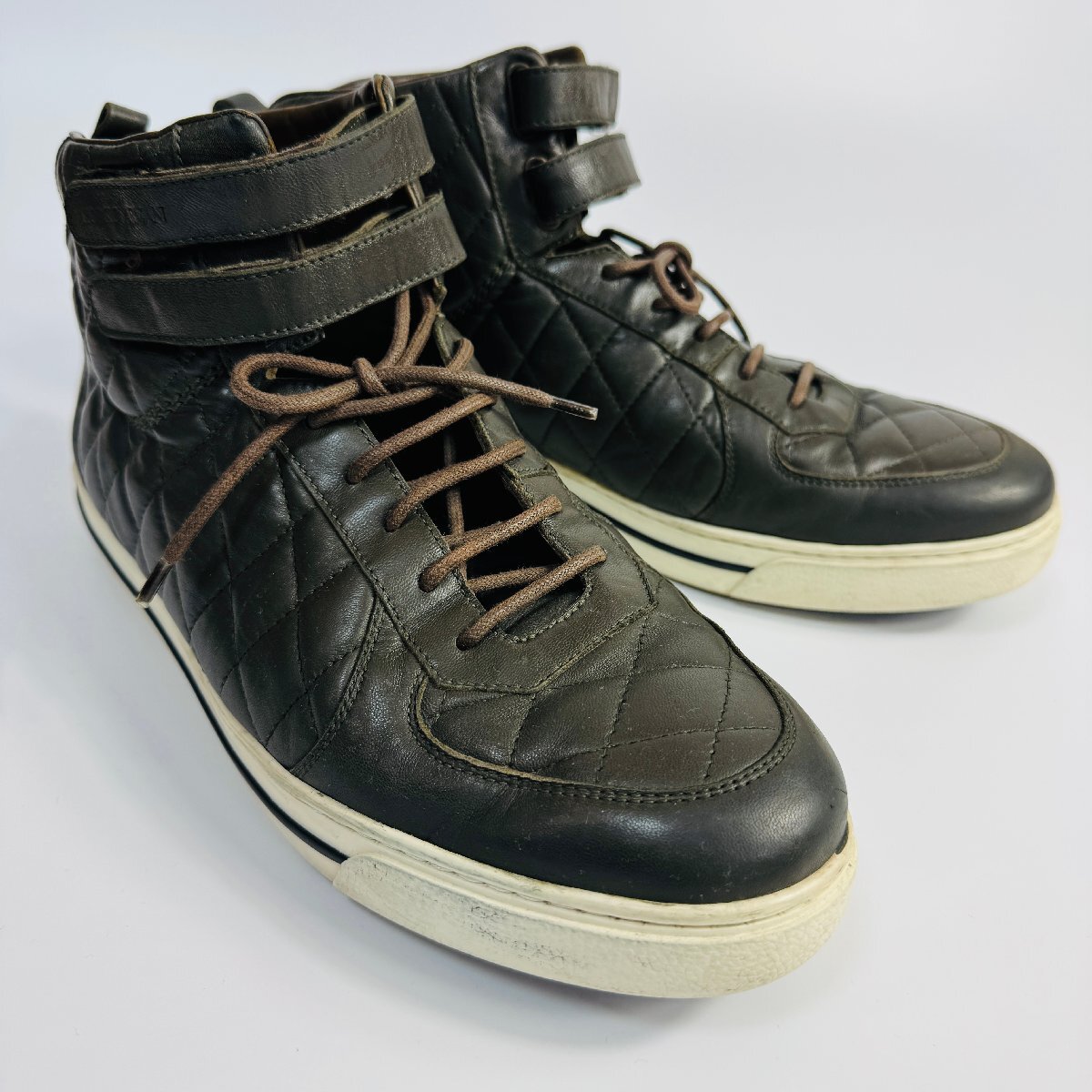 美品/44サイズ 27~27.5cm相当★ジョルジオアルマーニ GIORGIO ARMANI キルティングレザー ハイカット スニーカー シューズ メンズ カーキ拍卖