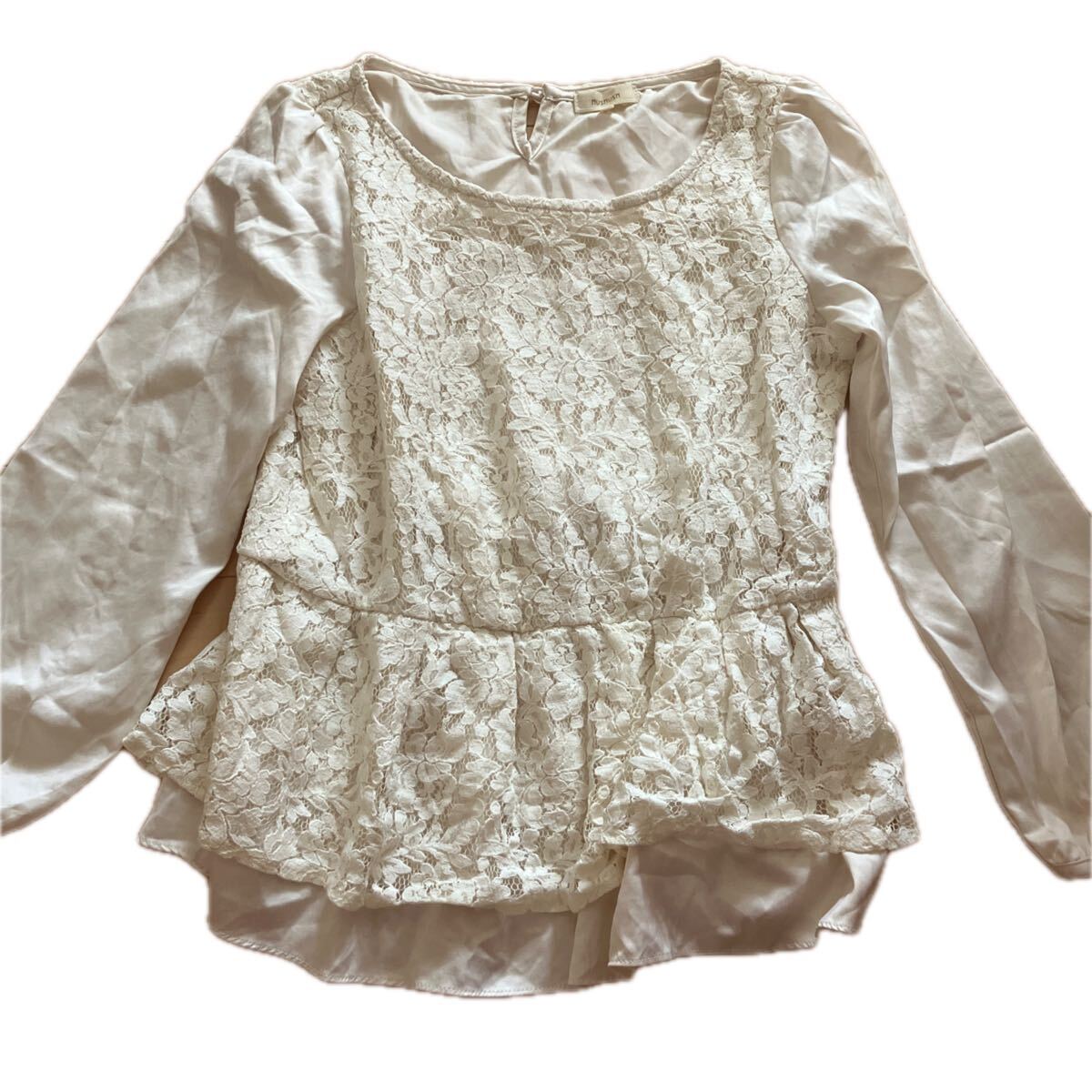 A① ハッシュアッシュ アイボリー 花柄レースデザイン ブラウス トップス 長袖カットソー ワールド 裾フリル ペプラム 2 38拍卖