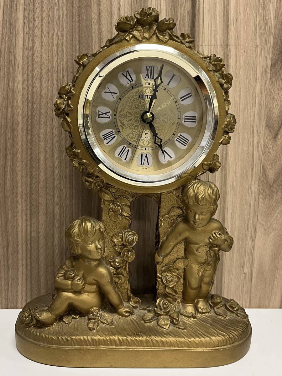 CITIZEN シチズン 置時計 記念品 QUARTZ クオーツ ゴールド 天使 現状品 動作確認済み 稼働品 ヤマト運輸60サイズ発送 インテリア小物 F拍卖