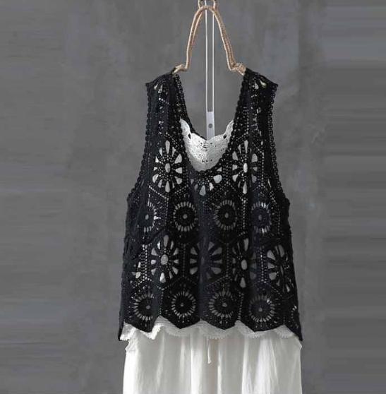 クロシェ編み ベスト ブラック レース編み かぎ編み レトロ おしゃれ拍卖