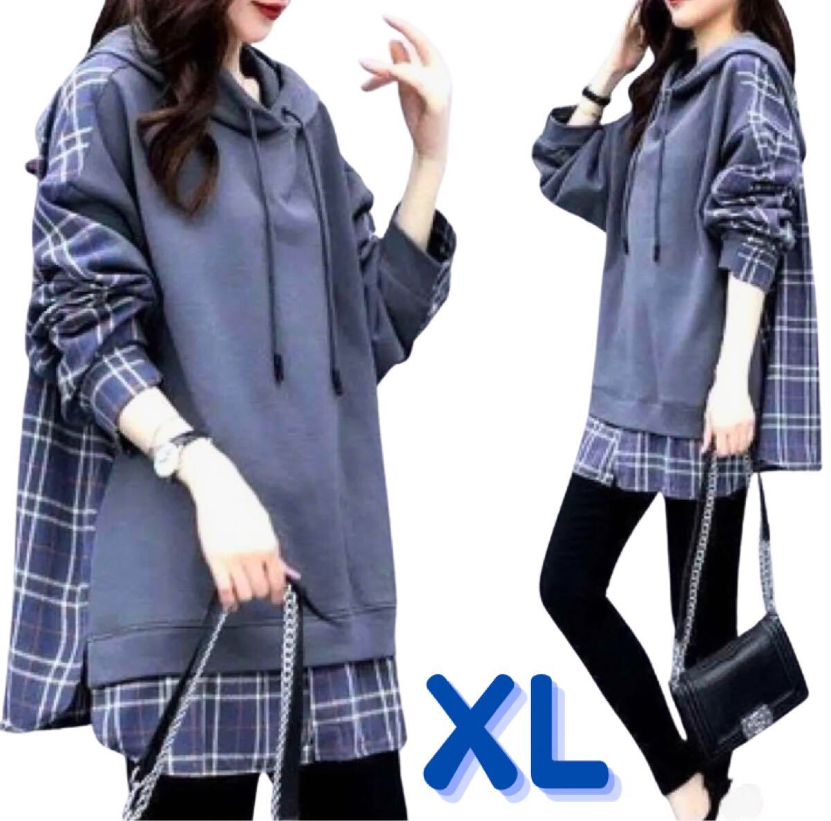 XL レディース パーカー チュニック ワンピース チェック 長袖 フード ゆったり 大きいサイズ トレーナー シャツ トップス 体型カバー 秋冬拍卖