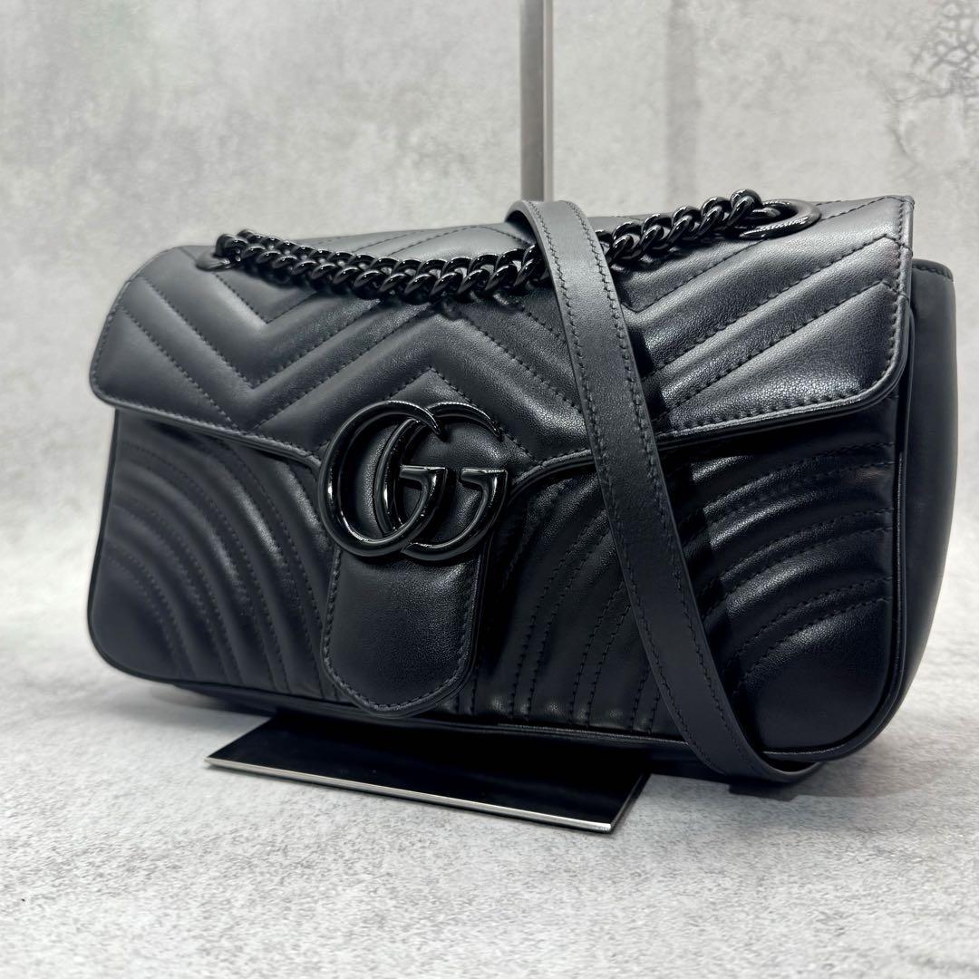 【極美品】グッチ GGマーモント キルティング ショルダーバッグ オールブラック拍卖