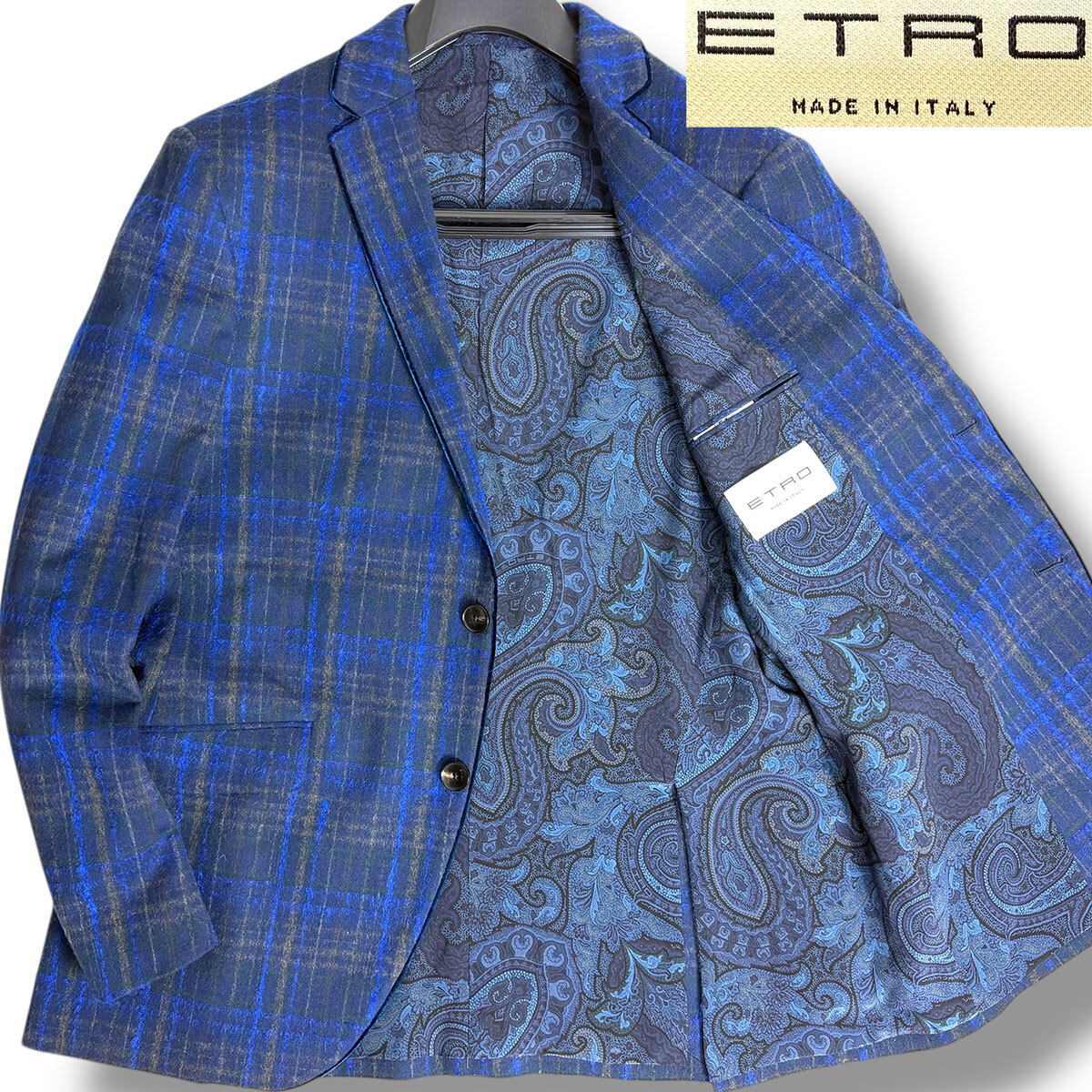 J6225 超美品 エトロ モヘヤミックス ペイズリー柄裏地 チェック柄 ツイードジャケット ネイビー 54 ETRO拍卖