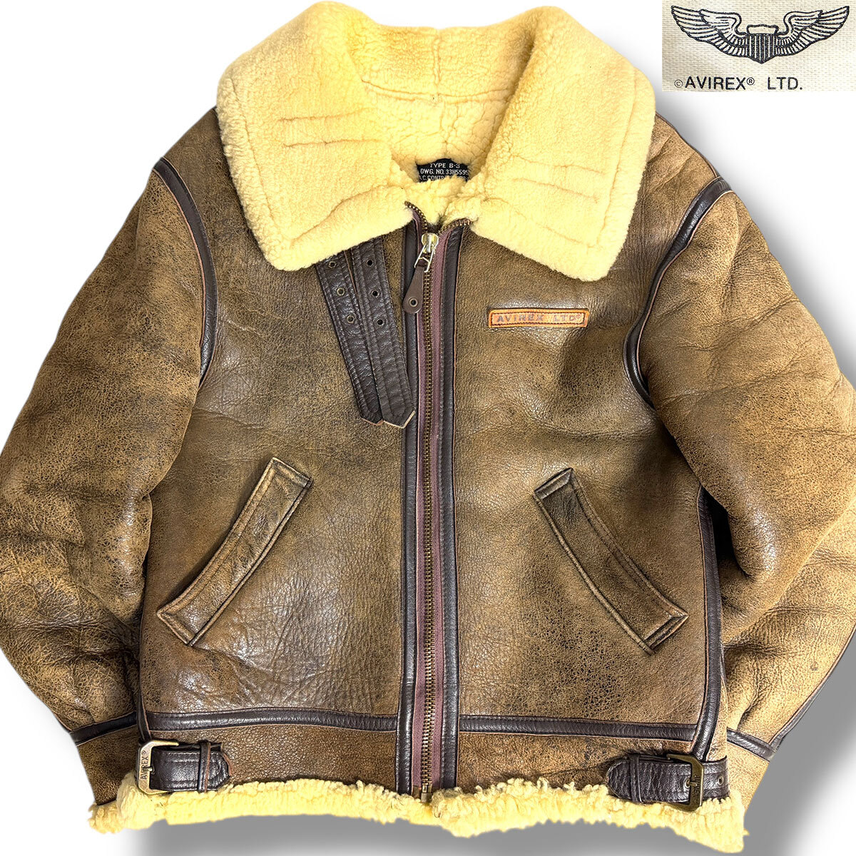 J7417 アヴィレックス B-3 胸ロゴ シープムートンボマーフライトジャケット ブラウン 38 AVIREX拍卖