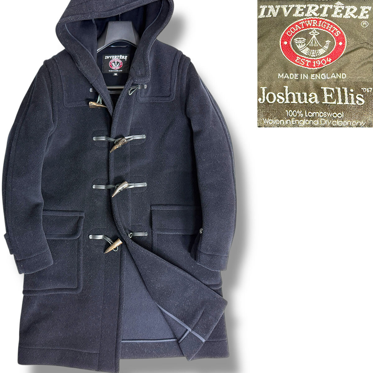 J7092 美品 インバーティア Joshua Ellis生地 ヘリンボーン ダッフルコート ネイビー 36 INVERTERE拍卖
