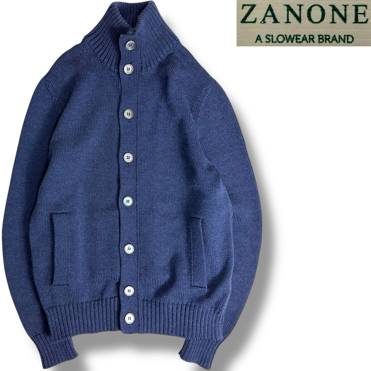 J6097 美品 ザノーネ キョート CHIOTO 5G スタンドカラーニットカーディガン ブルー系 46 ZANONE拍卖