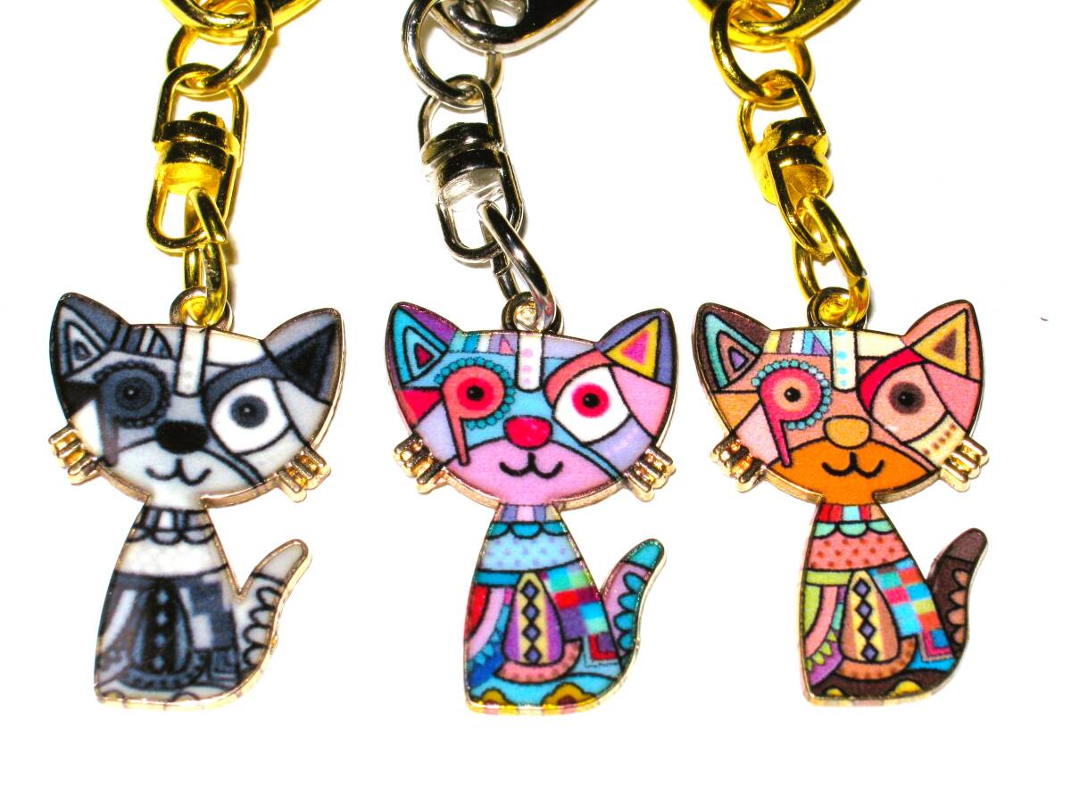 面白デザイン【にゃんこ キーホルダー 3個セット】ミニ 小さい 猫 ネコ 可愛い かわいい ストラップ おしゃれ レディース ガールズ お洒落拍卖