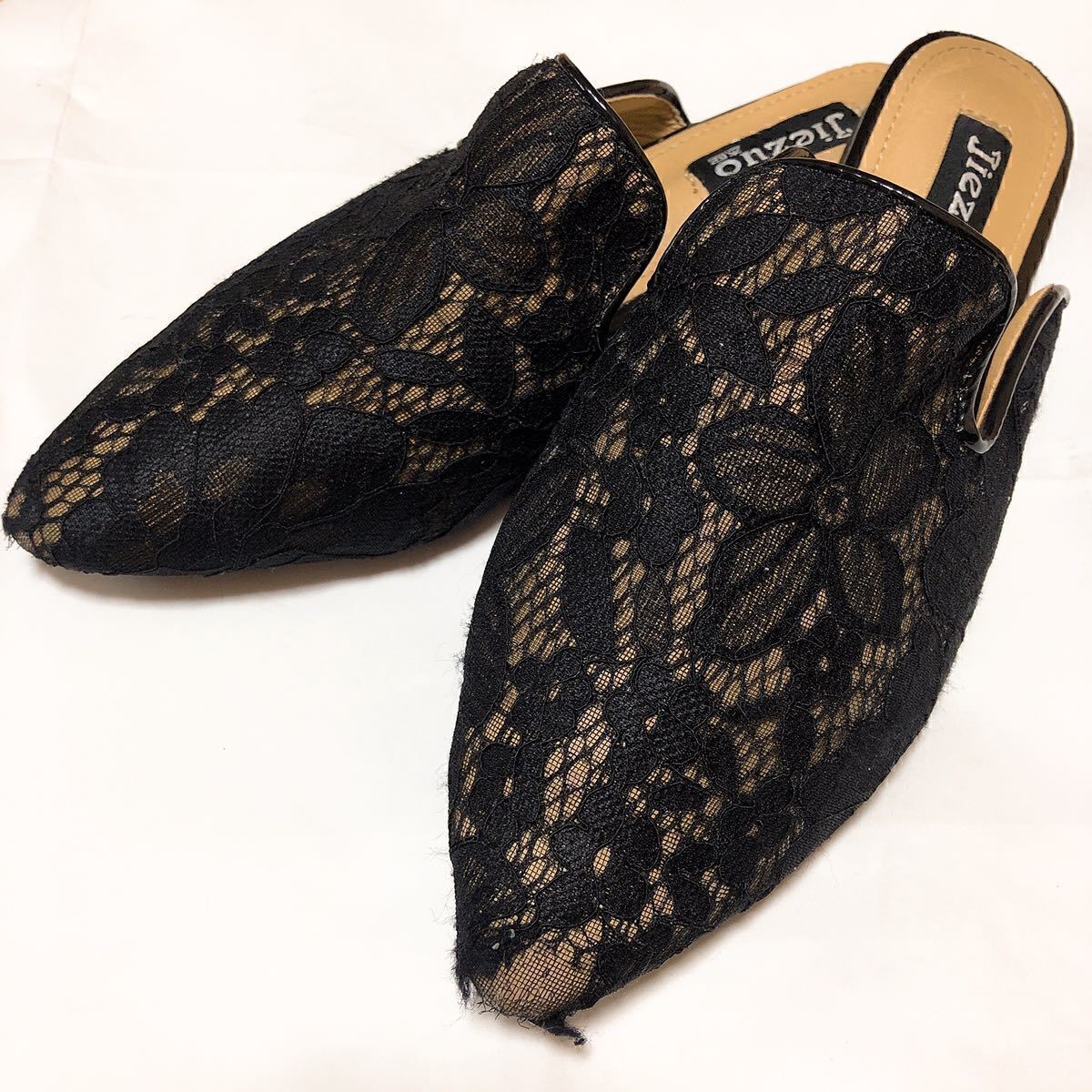 USED24.5cm ブラック レース フラット ポインテッド パンプス拍卖