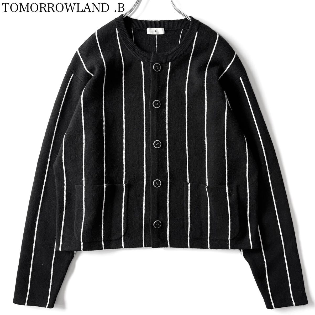 【23AW】TOMORROWLAND .B トゥモローランド スムースカシミヤ ピンストライプカーディガン ノーカラー 長袖 近年 羽織り 配色 ブラック拍卖