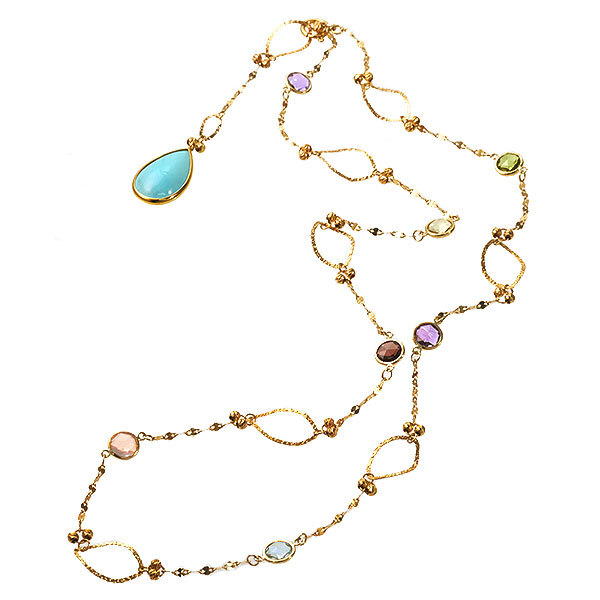 送料無料 本物 デザインネックレス K18YGイエローゴールド トルコ石 アメジスト ガーネット アンティーク調 レディース おしゃれ 可愛い拍卖