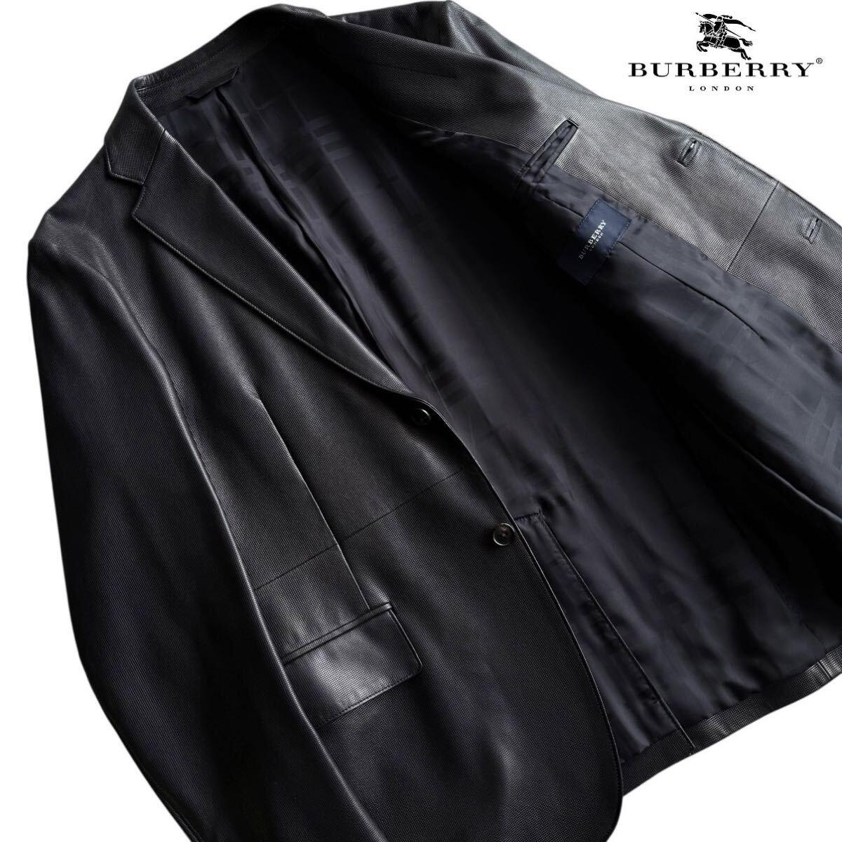 新品同様/Lサイズ●最高級 バーバリーロンドン ラムレザー テーラードジャケット 羊革 パンチング シャドーチェック 黒 BURBERRY LONDON拍卖