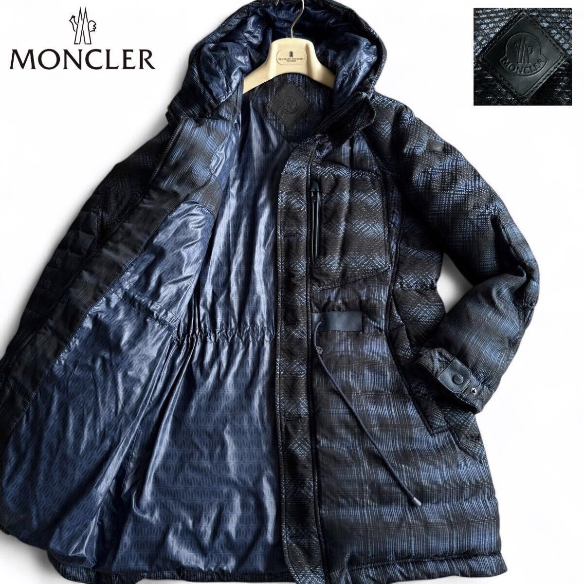 極美品/Lサイズ●最高級 MONCLER モンクレール GUIVRE ギヴィル ダウンコート ダウンジャケット 黒ロゴパッチ 総柄 3 ネイビー 紺 ブラック拍卖