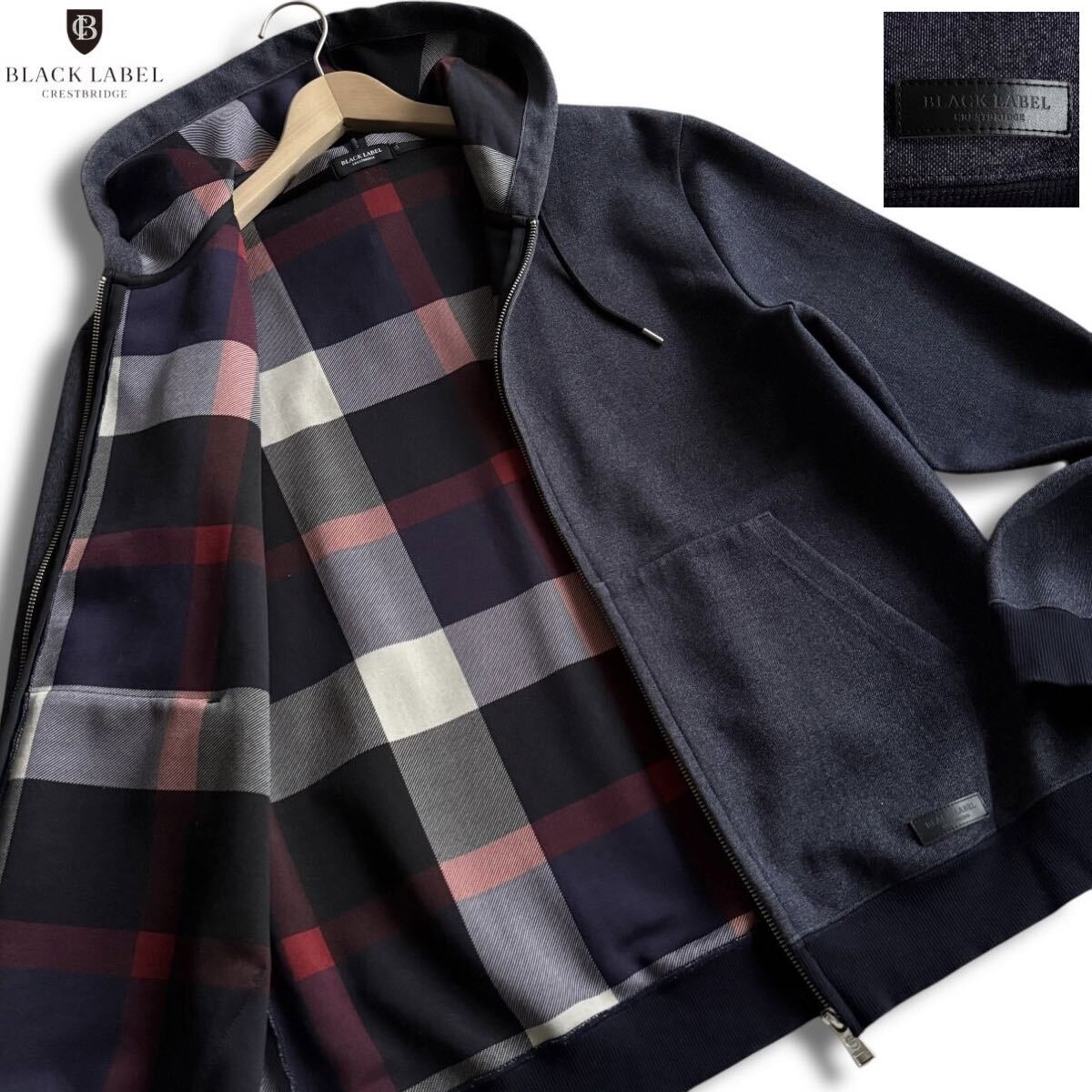 極美品/XLサイズ●ブラックレーベルクレストブリッジ Wフェイス 全面CBチェック ジップパーカー ジャケット LL 紺 BLACK LABEL CRESTBRIDGE拍卖